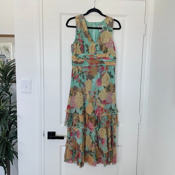 Adrianna Papell Tiered Ruffle Floral Midi Dress - Size 10 - Picture 1 of 8